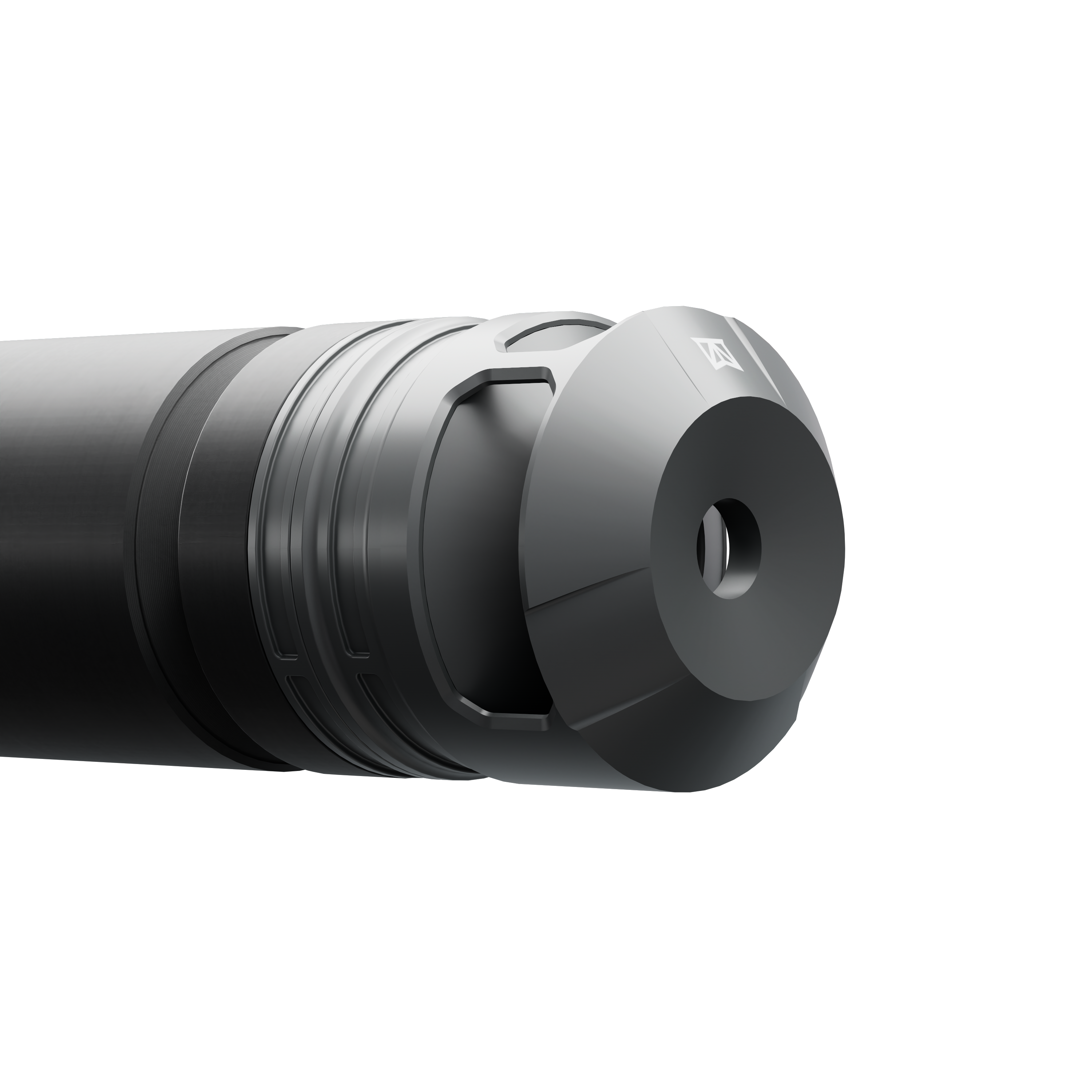 TENET suppressor detail view with single-port muzzle brake