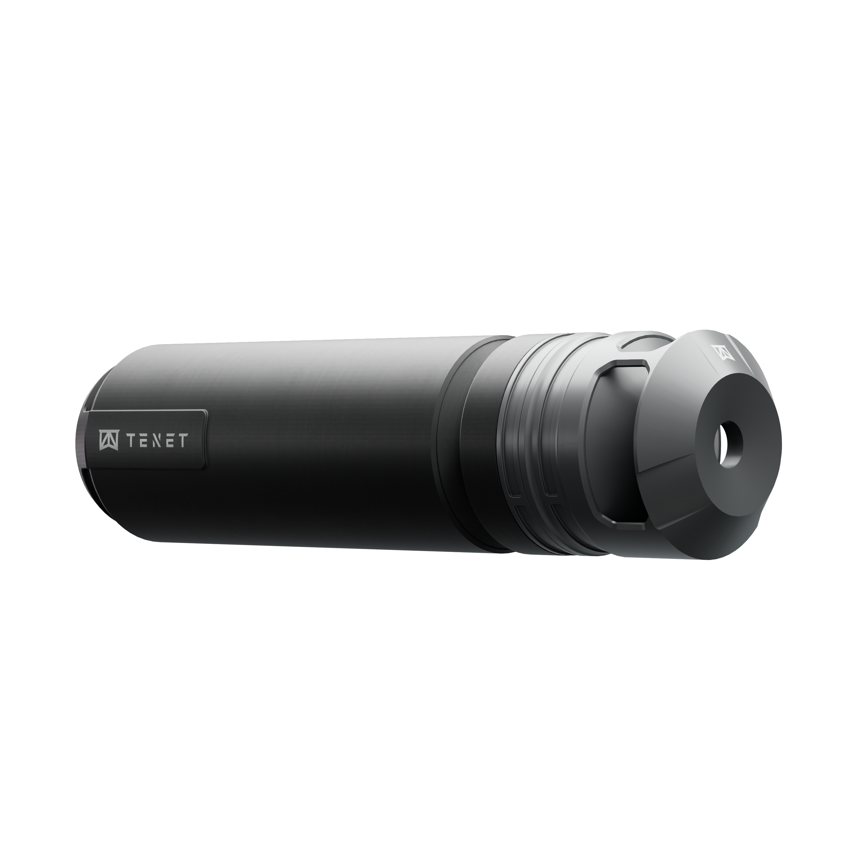 TENET suppressor rear quarter view with single-port muzzle brake